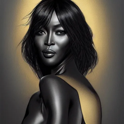 Image similar to full figure ultra realistic illustration, naomi campbell wearing a black suit, intricate, elegant, highly detailed, digital painting, artstation, concept art, smooth, sharp focus, illustration, art by artgerm and greg rutkowski and alphonse mucha