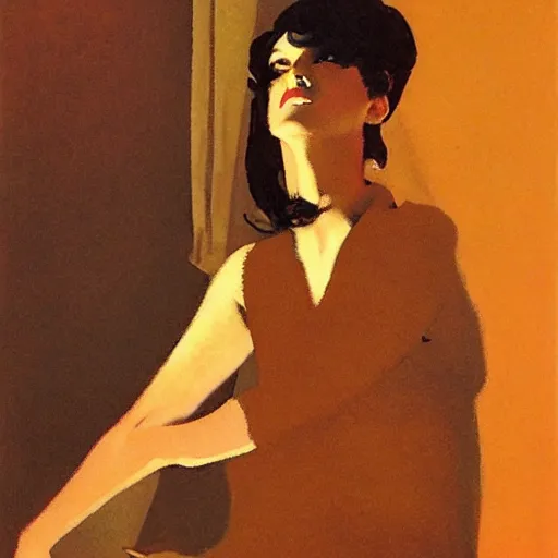 Image similar to Amused woman in dark dress, by Robert McGinnis.