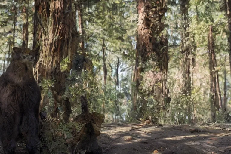 Image similar to a movie still of a bear in a forest by walerian borowczyk, immoral tales, grain, technicolor, high definition, remastered, wide angle, 7 0 mm, wide shot, cinematic