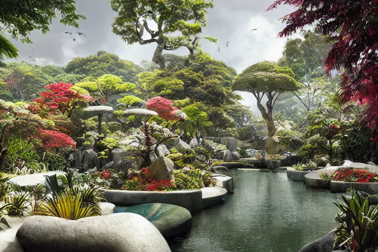 Image similar to brutalist white Aztec structures, manicured garden of eden, vivid pools and streams, tropical foliage, bromeliads, azaleas, Japanese maples, birds, sculpture gardens, Winter, by Jessica Rossier and Brian Froud