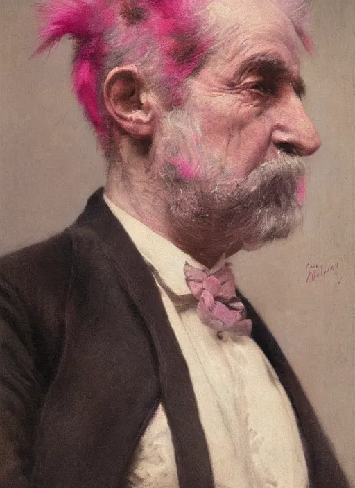 Prompt: a portrait of old man with a detailed pink mohawk by edouard bisson, punk rock, oil painting, muted colours, soft lighting