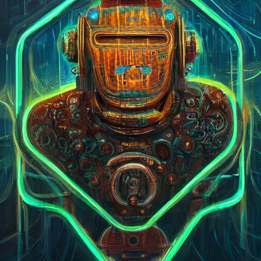 Image similar to low angle shot of A Robot With its head missing, gushing out oil from the hole, walking towards the viewer, neon color scheme, by Clive Barker , intricate, elegant, highly detailed, centered, digital painting, artstation, concept art, smooth, sharp focus, illustration, artgerm, Tomasz Alen Kopera, Peter Mohrbacher donato giancola, Joseph Christian Leyendecker, WLOP, Boris Vallejo.