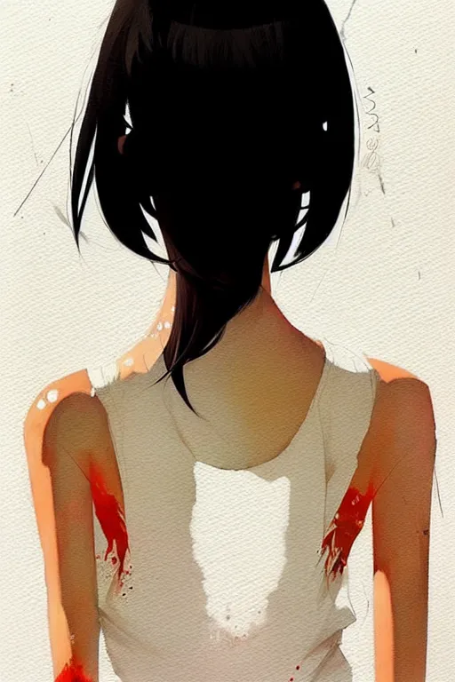 Image similar to a ultradetailed beautiful painting of a stylish woman with a white tank top, she has short black hair with bangs, by conrad roset, greg rutkowski and makoto shinkai trending on artstation