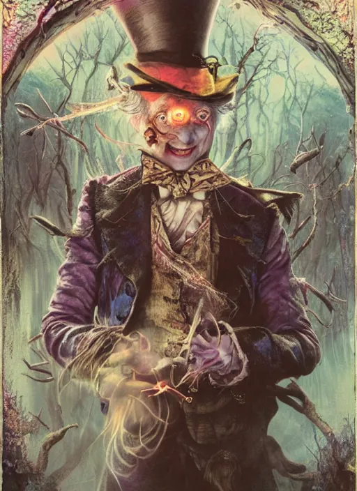 Image similar to mad hatter the magician tarot card, highly detailed, cinematic, 8 k, by stanley artgermm, tom bagshaw, greg rutkowski, carne griffiths, ayami kojima, beksinski, giger, trending on deviantart, hyper detailed, horror, full of colour