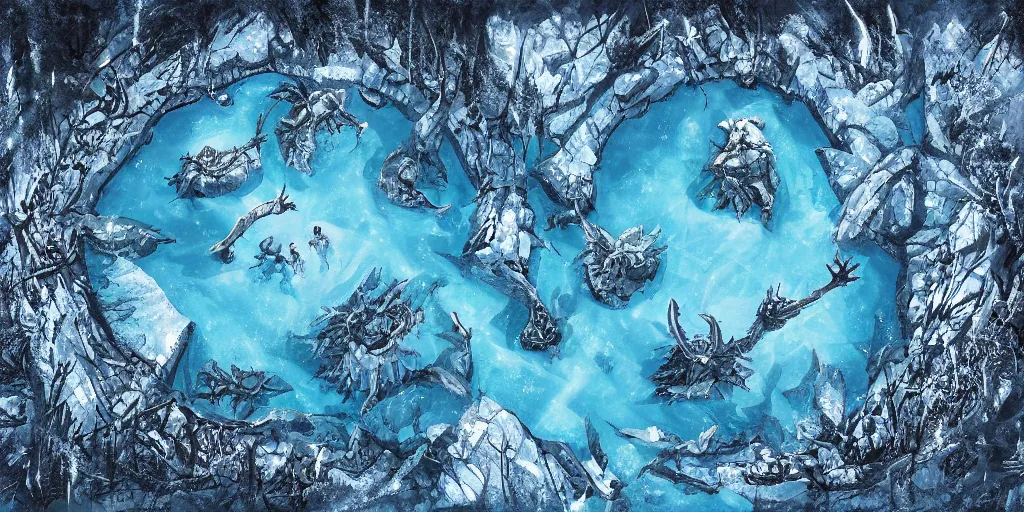 Image similar to a d & d background of a frozen lake with monsters beneath the ice, viewed from above, high quality digital art, gridless, vivid, blue tones, oil painting, trending on arstation, oil painting