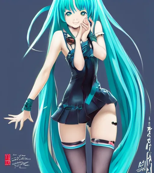 Image similar to Anime art of beautiful Hatsune miku with beautifel legs by artgerm, rossdraws, magali villeneuve, Gil Elvgren, Alberto Vargas, Earl Moran, Art Frahm, Enoch Bolles, symmetrical shoulders