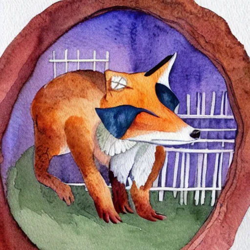 Prompt: fox in a hen house, watercolor illustration,