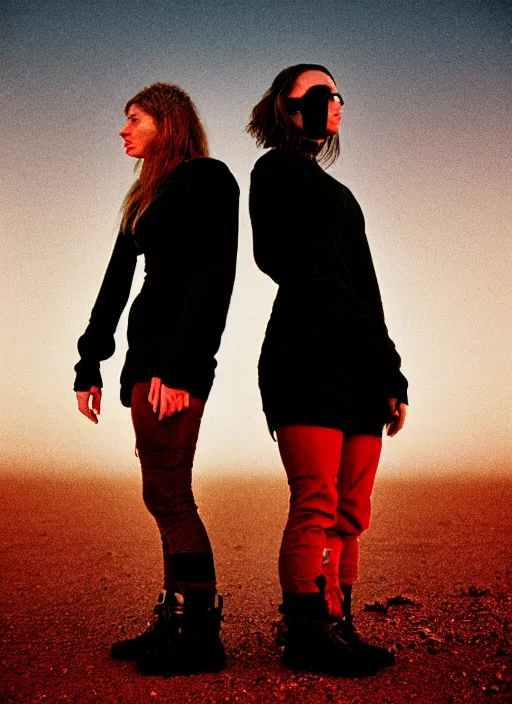 Image similar to cinestill 5 0 d photographic portrait of two loving female androids wearing rugged black techwear on a desolate plain with a red sky, extreme closeup, lizard on ground, cyberpunk style, in front of a brutalist dark metal facility, dust storm, 3 5 mm, 8 k, hd, f / 3 2, high resolution, ultra realistic faces