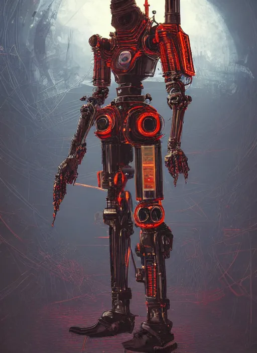 Image similar to a retrofuturism robot hunter from bloodborne in yharnam, style by retrofuturism, faded red and yelow, by malcolm smith