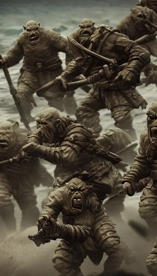 Image similar to Orcs storming the Beaches of Normandy during WW2, war-photography, film still, D-Day, dynamic action pose, insane detail, intricate, highly detailed, Zeiss Lens, DSLR photography, smooth, sharp focus, Unreal Engine 5, Octane Render, Redshift, 8K