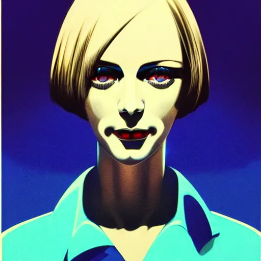 Image similar to woman with dark bobcut haircut with friendly blue eyes and slim features looking happy, underground box office hit, satire, seventies italian horror movie poster, giallo, intricate, ultra detailed 8 k, best, cool, extremely beautiful and aesthetic shape of face and neck, art by hiroaki samura and ilya kuvshinov and rossdraws and andy warhol, inverted