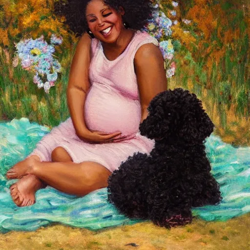 Image similar to pregnant black woman with curly hair, laying down, a tiny black puppy running around, golden hour, vintage, impressionist painting, fine art, oil painting, dreamy, pastel, laughing, happy, intricate details, sharp, peaceful, serene