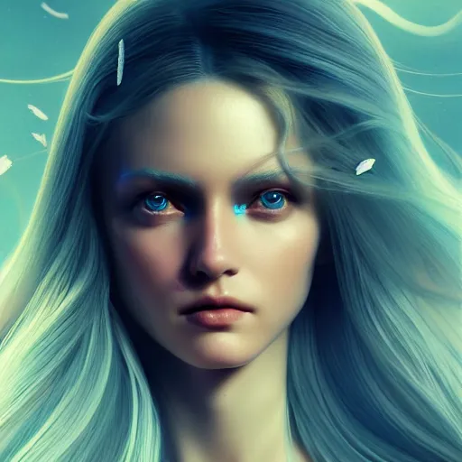 Image similar to beautiful angel, full body, flowing hair, blue eyes, beautiful aesthetic, mystery, by james jean, trending on artstation, digital art, cinematic lightning, octane render, ultra high detail, ultra realistic