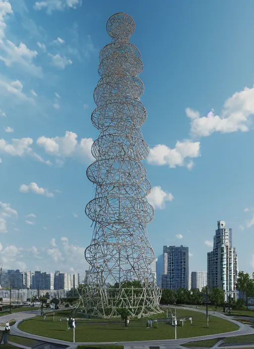 Image similar to highly detailed realistic architecture 3 d render of a stele shukhov tower standing in a city park, archdaily, made in unreal engine 4 octane render