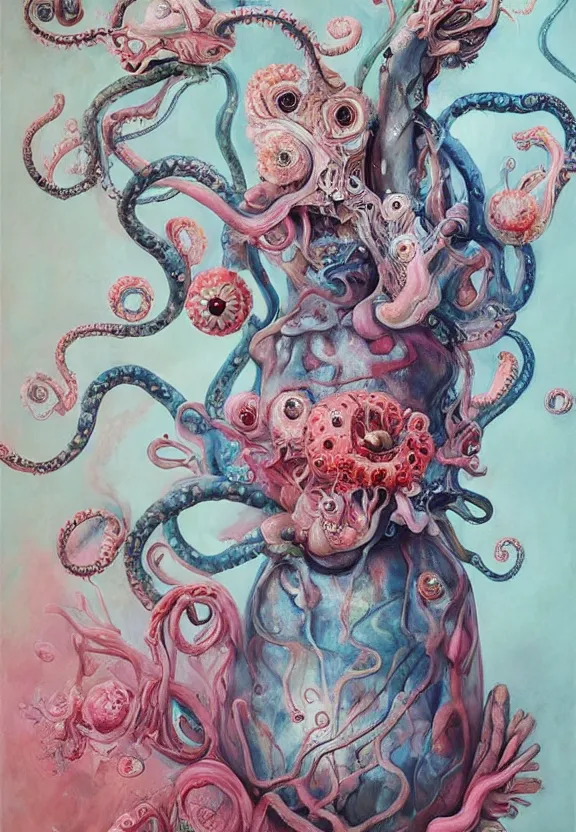 Prompt: a biomorphic painting of a vase with flowers and eyeballs, surrealist painting by marco mazzoni, by dorothea tanning, pastel blues and pinks, tentacles, melting, plastic, skull, featured on artstation, metaphysical painting, oil on canvas, fluid acrylic pour art, airbrush art, seapunk, rococo, lovecraftian