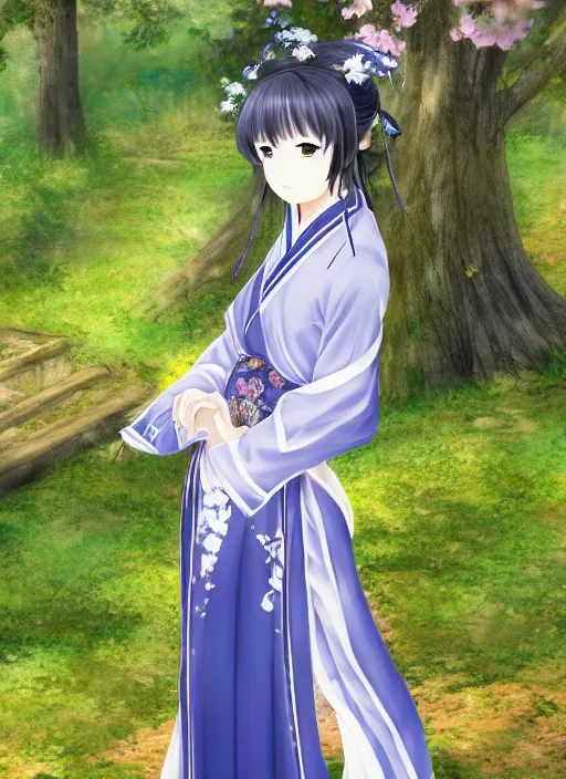 Image similar to beautiful seductive girl wearing hanfu, farm background, by kyoani in the style of shining resonance, by yuumei