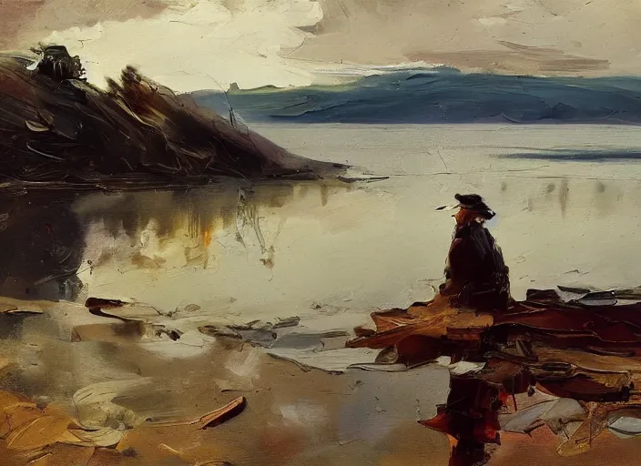 Image similar to palette knife, impasto oil painting of silent calm lake shore by frank auerbach, thick paint brush strokes, art by anders zorn, wonderful masterpiece by greg rutkowski, beautiful cinematic light, american romanticism by greg manchess, creation by tyler edlin