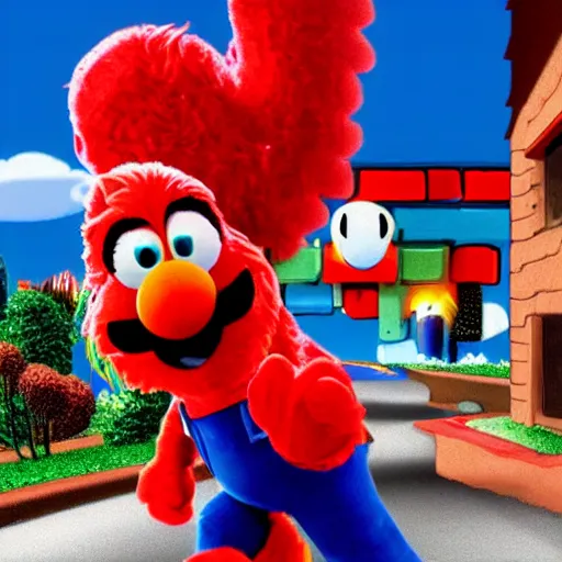 Prompt: elmo and mario adventure together