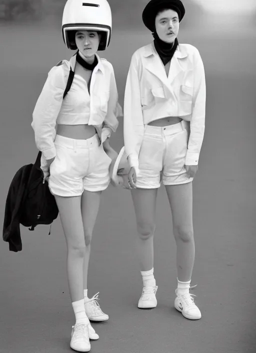 Image similar to realistic photo portrait of the university students wearing white shorts, dressed in white spherical helmets, fashion catwalk 1 9 9 0, life magazine reportage photo