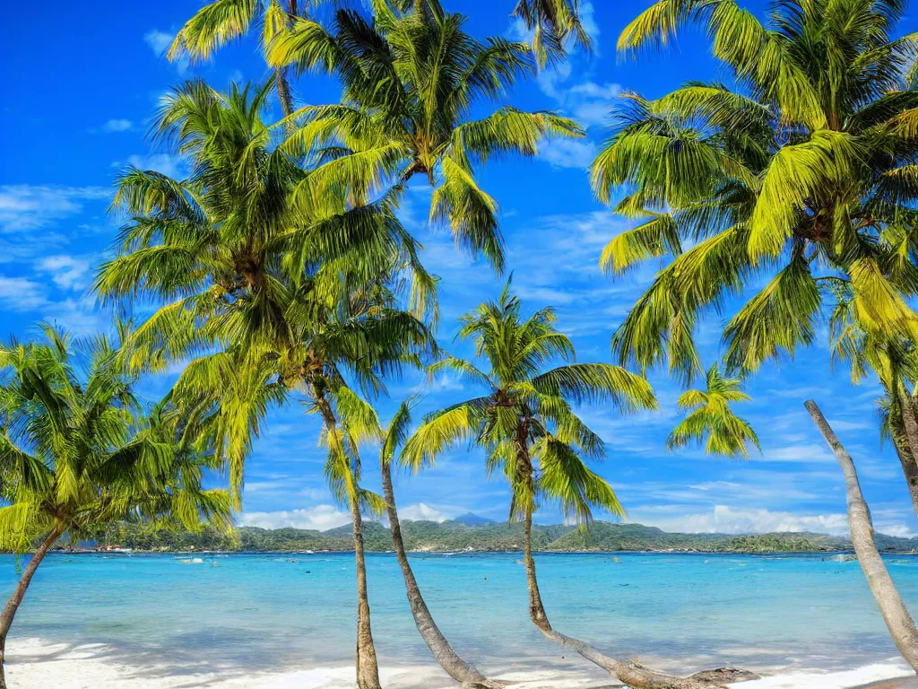 Image similar to tropical beach framed by palm trees . It's nighttime and there is a full moon reflected on the water. In the distance you can make out the the loch ness monster emerging from the water. award winning travel photography