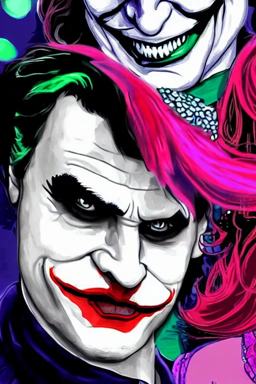 Prompt: joaquin phoenix as joker and lady gaga as harley quin love each other, fix duplicate content!, violet polsangi pop art, gta chinatown wars art style, bioshock infinite art style, incrinate, realistic anatomy, hyperrealistic, two colors, white frame, content proportion