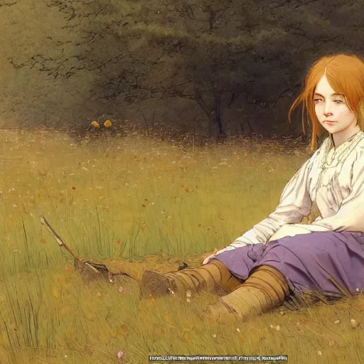 Image similar to a girl sitting in a meadow, portrait, art by walter langley, anime wallpaper, pixiv, walter langley style