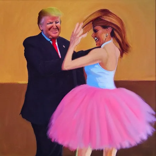 Prompt: “ Donald Trump in a tutu dancing with the devil, oil painting”