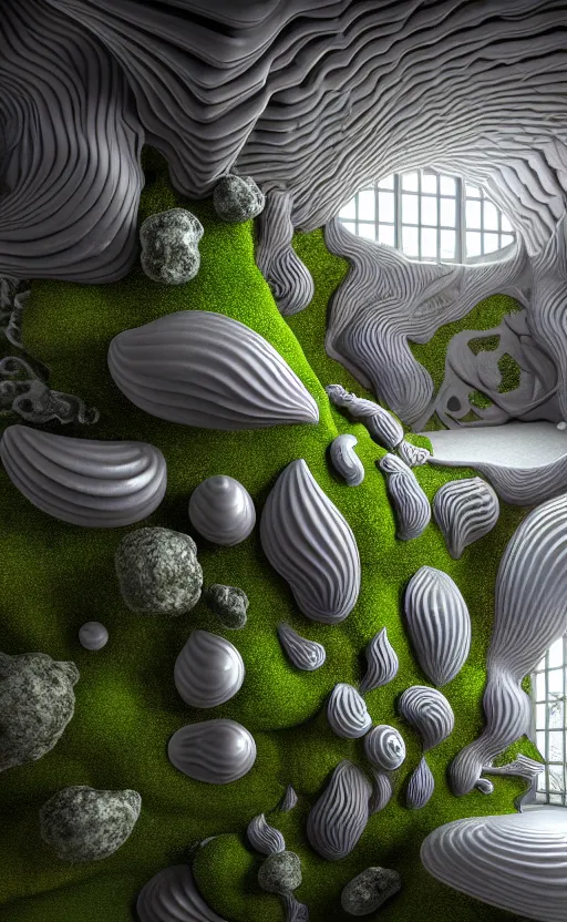 Image similar to highly detailed ultra sharp 3 d render villa interior cinematic composition of a smooth ceramic porcelain biomorphic magnolia stone nebula fluid fractal sci - fi surreal architecture landscape, granite, metallic, magnesium, marble, moss and lichen, vincent callebaut composition, mamou - mani, archviz, beautiful lighting, 8 k, unreal engine, hdr,