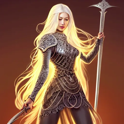 Image similar to full body painting of a woman with flowing luscious glowing white hair standing whilst holding a sword, wearing intricate plate - armor and leather underneath. intricate, elegant, highly detailed, digital painting, artstation, concept art, smooth, sharp focus, illustration, by terry wei, qiu fang, tooth wu, kan liu, siwoo kim, jisu choe