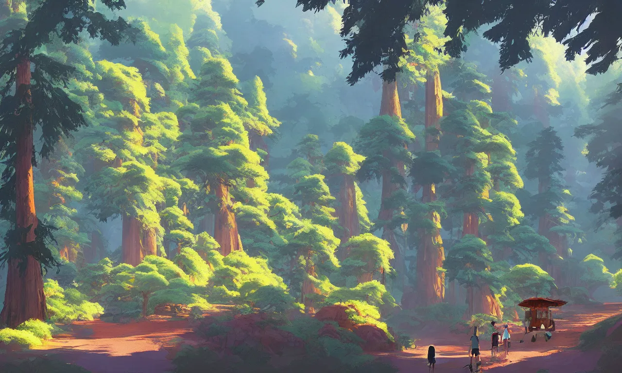 Image similar to Sequoia Park in a colorful moutain with beautiful trees ,morning , by studio ghibli painting, superior quality, masterpiece, traditional Japanese colors, by Grzegorz Rutkowski, concept art