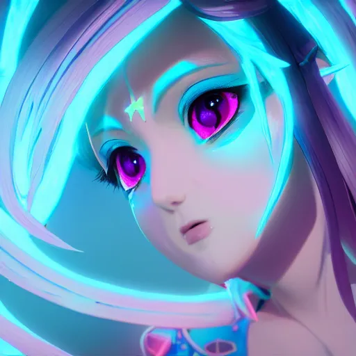 Image similar to symmetrical image taken from an extremely low angle at her feet of a stunningly beautiful omnipotent anime goddess with pink hair and mesmerizing cyan eyes, unreal engine 5, 8 k