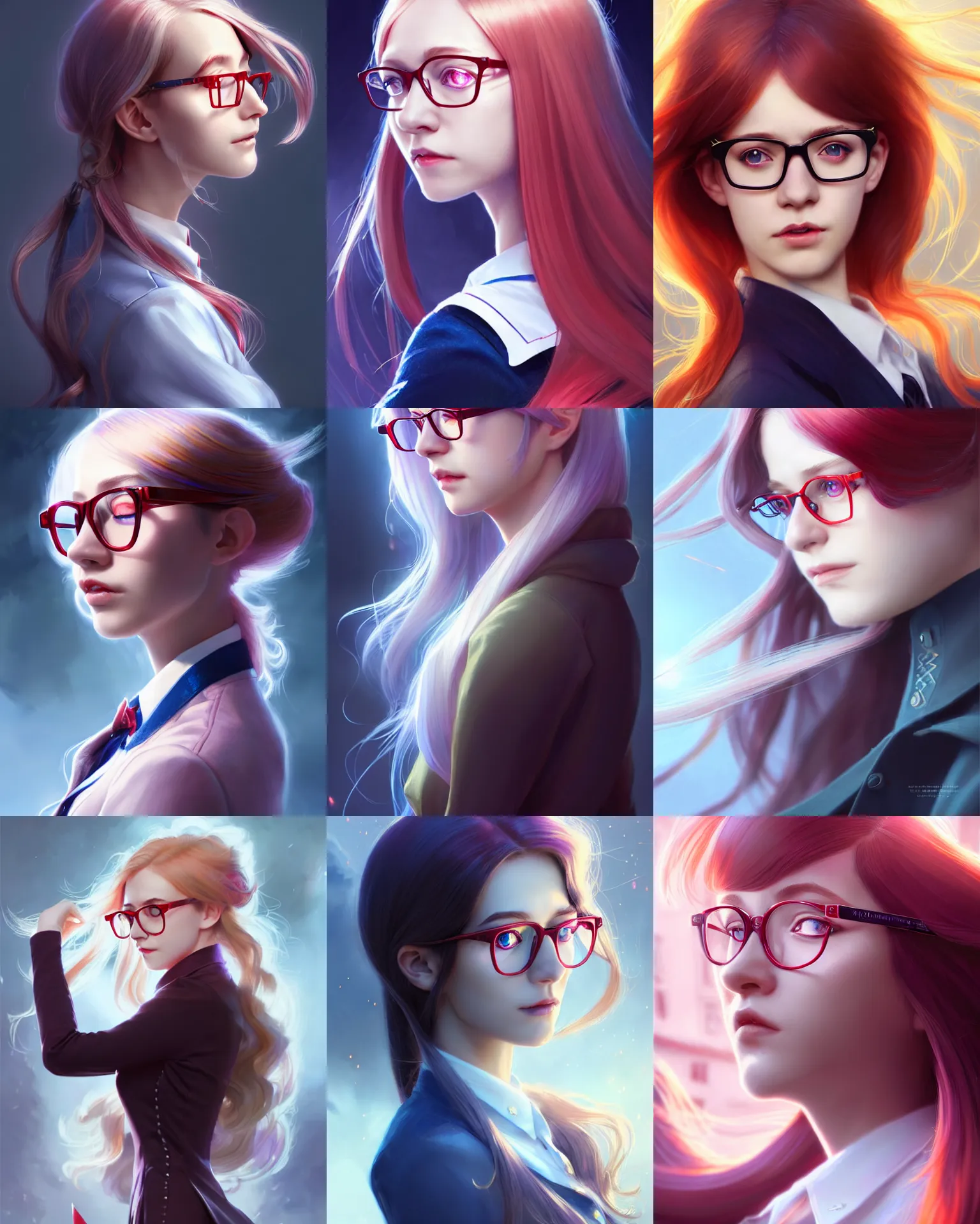 Prompt: side portrait of an innocent lost college girl, strixhaven magic school university uniform, light iridescent hair color, long windy hair style, large red glasses, fantasy, intricate, sharp focus, lens flare, bloom, rim light, illustration, highly detailed, digital painting, concept art, matte, art by ruan jia