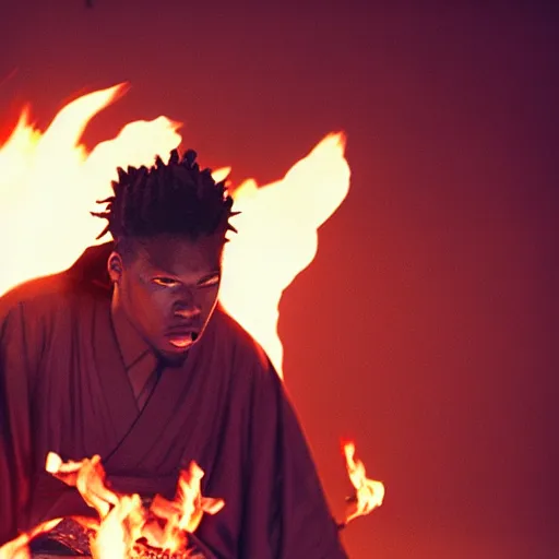 Image similar to cinematic film still Denzel Curry starring as a Samurai holding fire, Japanese CGI, VFX, 2003, 400mm lens, f1.8, shallow depth of field,film photography