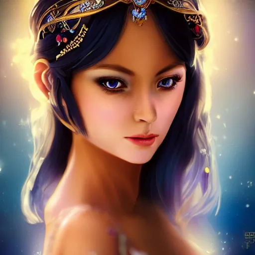 Image similar to a photographic portrait of an fantasy 30 years old princess with a deep blue sapphire and gold diadem, wider view, warmer colours, more tan face, light brown hair, cinematic light, by Zhang Jigna, canon 50mm, bokeh, artstation