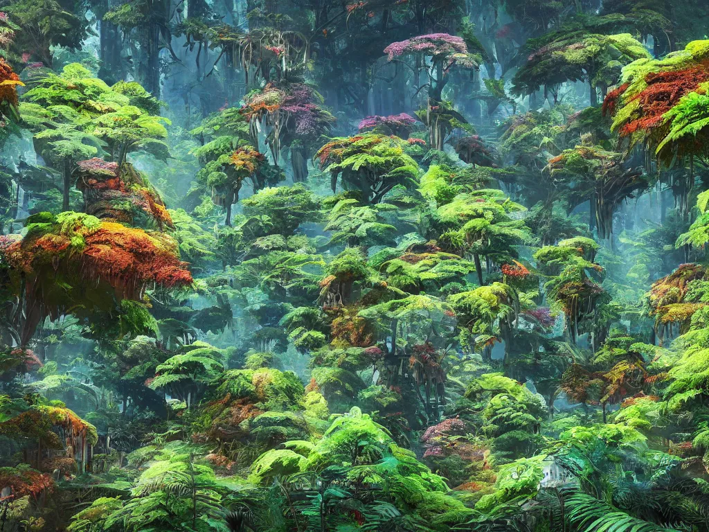 Image similar to a beautiful otherworldly fantasy landscape of dense mechanical shattered lush ferns and evergreen trees in hyper detail like the pacific northwest, vivid glowing colors, extreme detail, studio ghibli and pixar and abzu, rendering, cryengine, deep colors, aerial perspective, epic scale, vray render, cgsociety