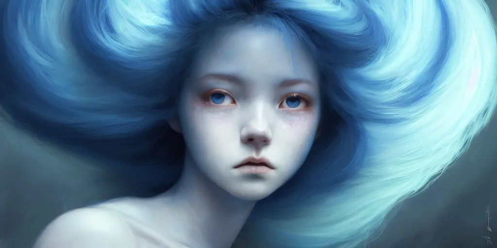 Image similar to portrait of a big eyed blue haired teenage girl looking sad to the camera, powder from the tv series arcane, extremely detailed digital painting, in the style of fenghua zhong and ruan jia and jeremy lipking and peter mohrbacher, mystical colors, rim light, beautiful lighting, 8 k, stunning scene, raytracing, octane, trending on artstation