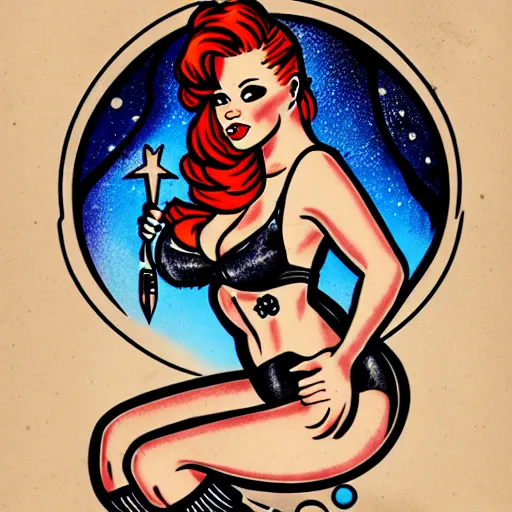 Image similar to old school, traditional style tattoo sketch of beautiful redhead pinup girl, full body portrait in space sitting on a rocket drawn by sailor jerry, vic james, electric martina, heath clifford, kimi vera