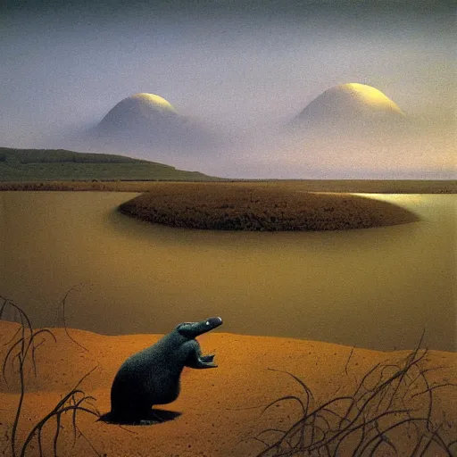 Prompt: platypus on vacation landscape painting by Zdzisław Beksiński