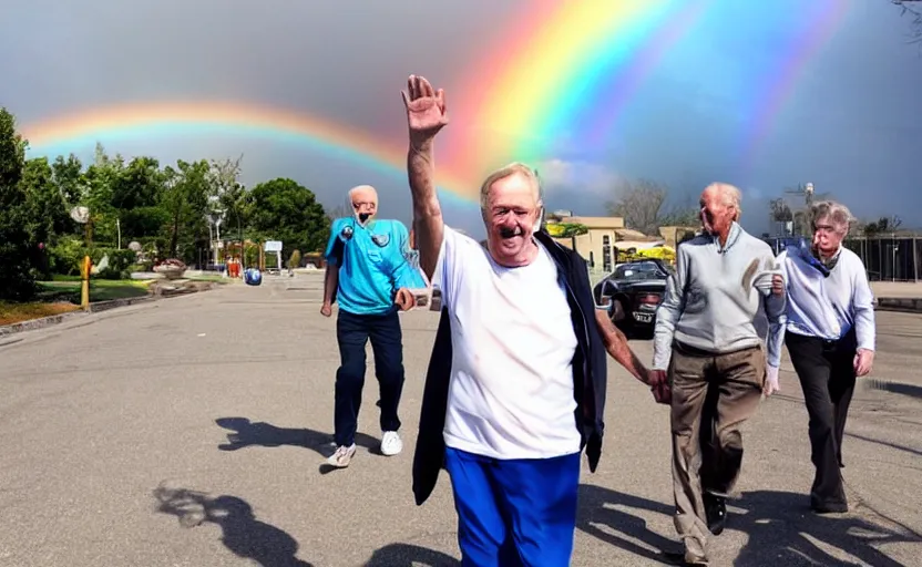 Prompt: 70 year old white man getting released from the hospital on a bright sunny day with rainbows
