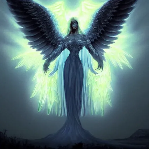 Image similar to giant imposing seraphim with many eyes and many wings, glowing, terrifying