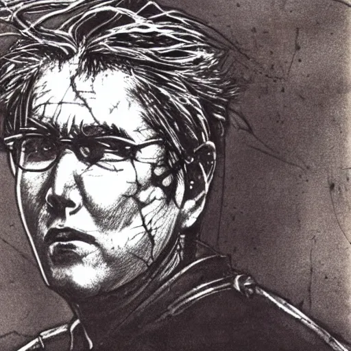 Image similar to Yoshitaka Amano realistic illustration of jeb bush ,hair fluttering in the wind, cracks on his face wearing Elden ring armour with engraving, abstract black and white patterns on the background, noisy film grain effect, highly detailed, Renaissance oil painting, weird portrait angle, blurred lost edges, three quarter view