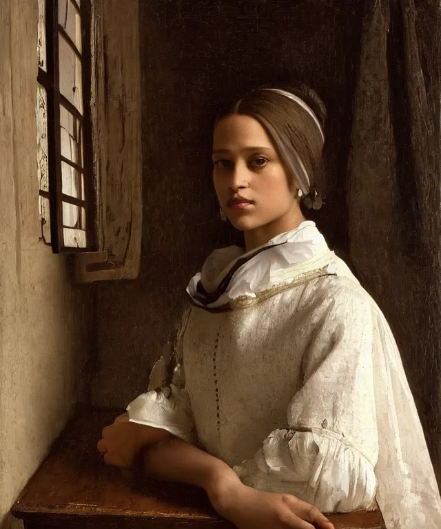 Image similar to a highly detailed, beautifully lit close portrait of a pretty, young alicia vikander resting her head on a table by an open window, oil painting portrait by vermeer and bouguereau and waterhouse