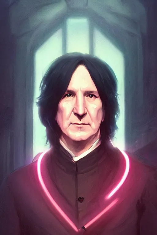 Image similar to portrait of severus snape with visor in cyberpunk, neon lighting, night city, digital art from artstation by Ruan Jia and Mandy Jurgens and Artgerm and william-adolphe bouguereau and Greg Rutkowski