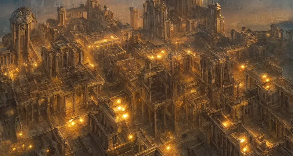 Image similar to drone shot ancient city of atlantis with big buildings in gold, fantasy, magical, cinematic, establishing shot, atmospheric lighting, extremely detailed, intricate, sharp focus, coherent, art style of marc simonetti, bowater charlie and brom gerald