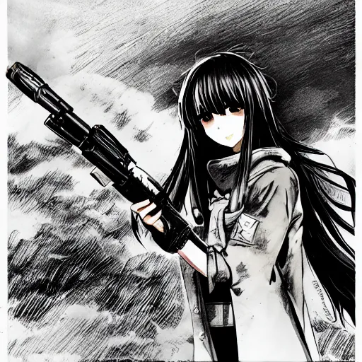 Prompt: manga style, black inking, modern warfare, portrait of a girl under artillery fire, trench sandbags in background, soldier clothing, long hair, hair down, symmetrical facial features, comic page, trending pixiv, black shadow patterns, by akihito yoshitomi, akiko higashimura