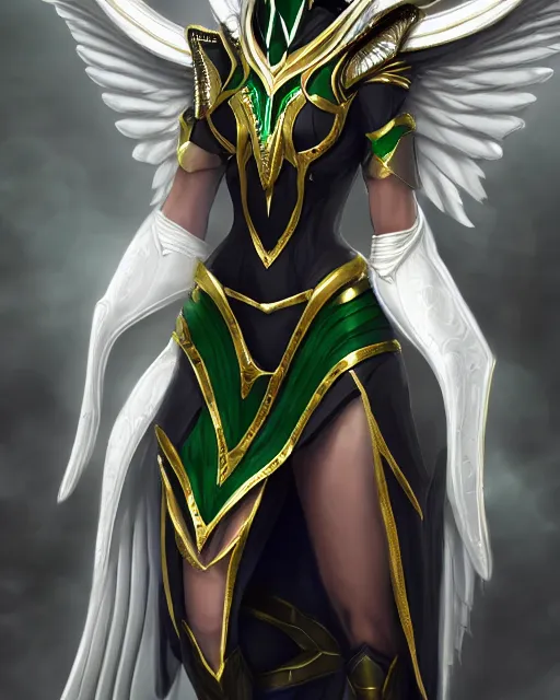 Image similar to attractive egyptian queen wearing white dove wings, warframe armor, regal, attractive, ornate, sultry, elize theron, pretty face, green eyes, scifi platform, 4 k, ultra realistic, epic lighting, illuminated, cinematic, black gold, art by akihito tsukushi, voidstar