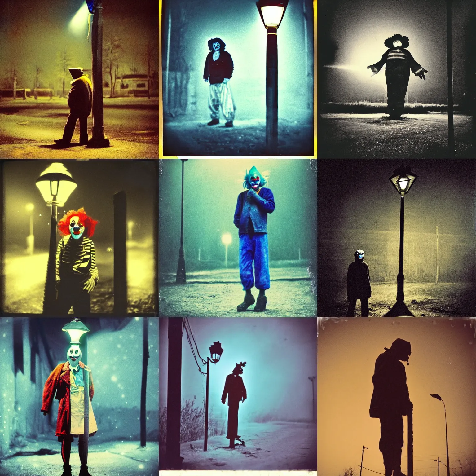 Image similar to a thin scary clown in torn clothes stands under a lamppost that shines a blue light on the clown, pitch darkness around the post, everything happens at night in an old Soviet village, the photo was taken from afar, Colourful, Cinematic, filmic, 35mm, dark atmosphere, horror, scary, Wildlife photography, Polaroid, bad quality