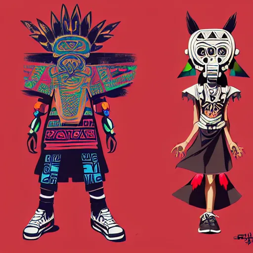 Image similar to sneaker design concept art, aztec mayan street fashion native punk sneaker design, majora's mask, wearing wooden mask, hip hop sneaker design with subtle mayan patterns, gapmoe yandere grimdark, trending on pixiv fanbox, painted by greg rutkowski makoto shinkai takashi takeuchi studio ghibli, akihiko yoshida