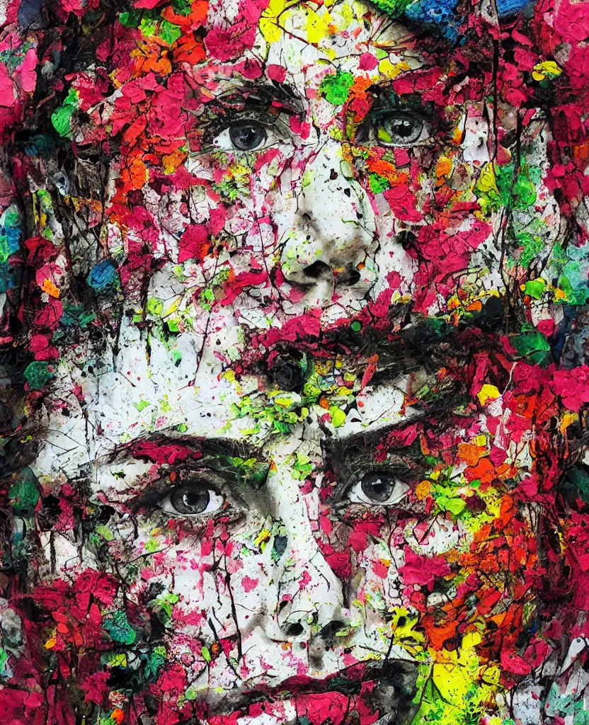 Image similar to illustration, gouache impasto of human face, blossoms, intricate, by artur bordalo