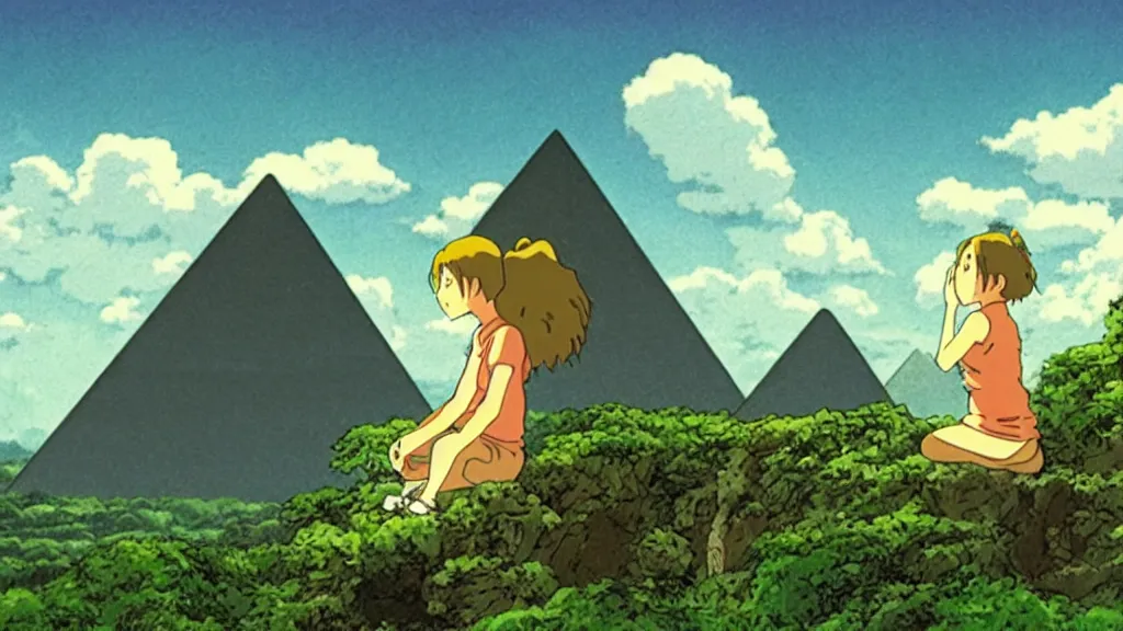 Image similar to a movie still from a studio ghibli film showing a huge demon meditating. a pyramid is under construction in the background, in the rainforest on a misty and starry night. a ufo is in the sky. by studio ghibli